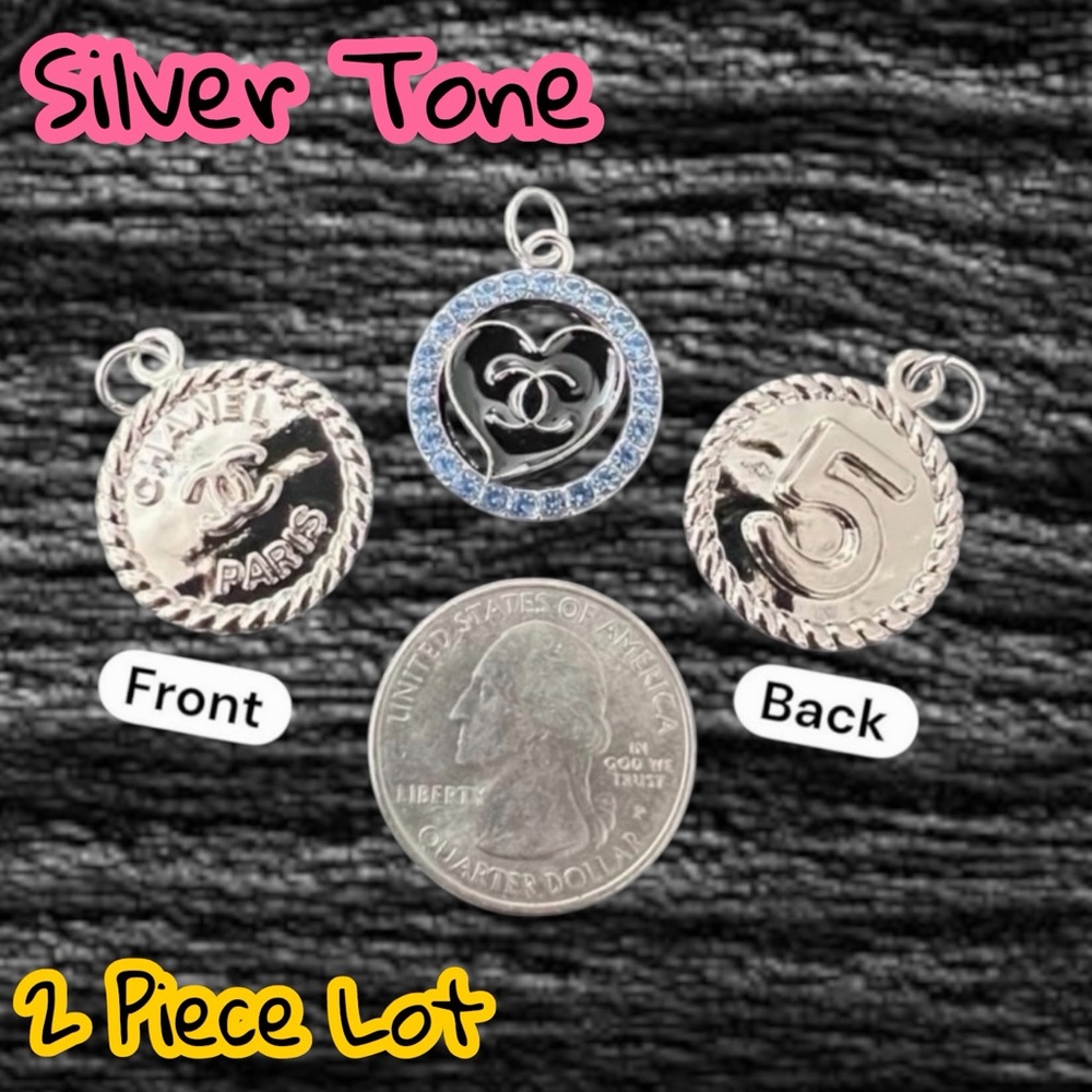 Lot of 2 CC Silver Tone Zipper Pull Button Charms 22mm